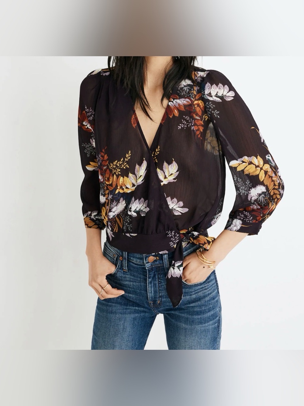 Madewell Blooming Oasis Wrap Top Blouse Dark Plum Floral Fall Boho Small